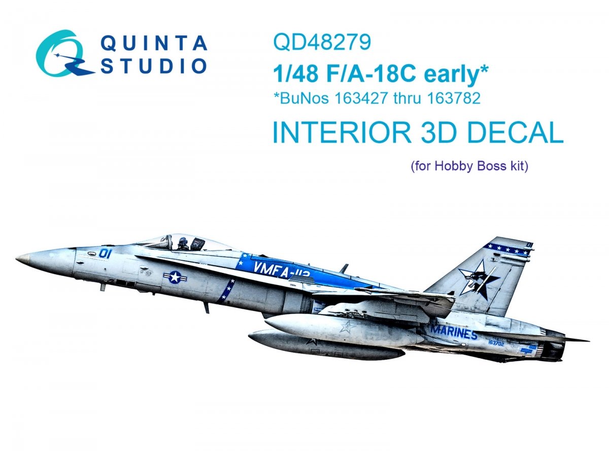 Intérieur imprimé en 3D et coloré sur papier décalcomanie Quinta Studio QD48279 F/A-18C (première génération) (HobbyBoss) 1/48