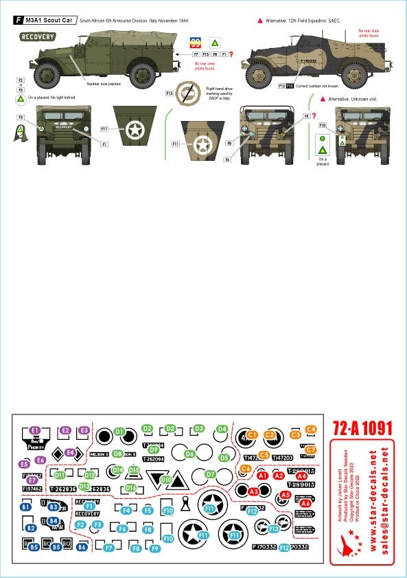 Star Decals 72-A1091 Chars et véhicules blindés sud-africains en Italie : Sherman IIA, Sherman Firefly VC, Sherman V AOP, M3A1 Scout Car, Humber Scout Car. Échelle : 1/72 – imagen 3
