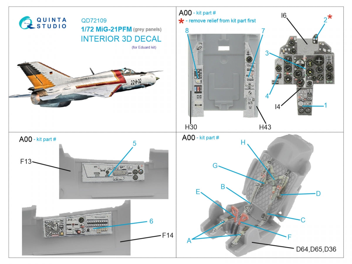 Quinta Studio QD72109 MiG-21PFM Panneaux gris Intérieur imprimé en 3D et coloré sur papier décalcomanie (Eduard) 1/72 – image 2