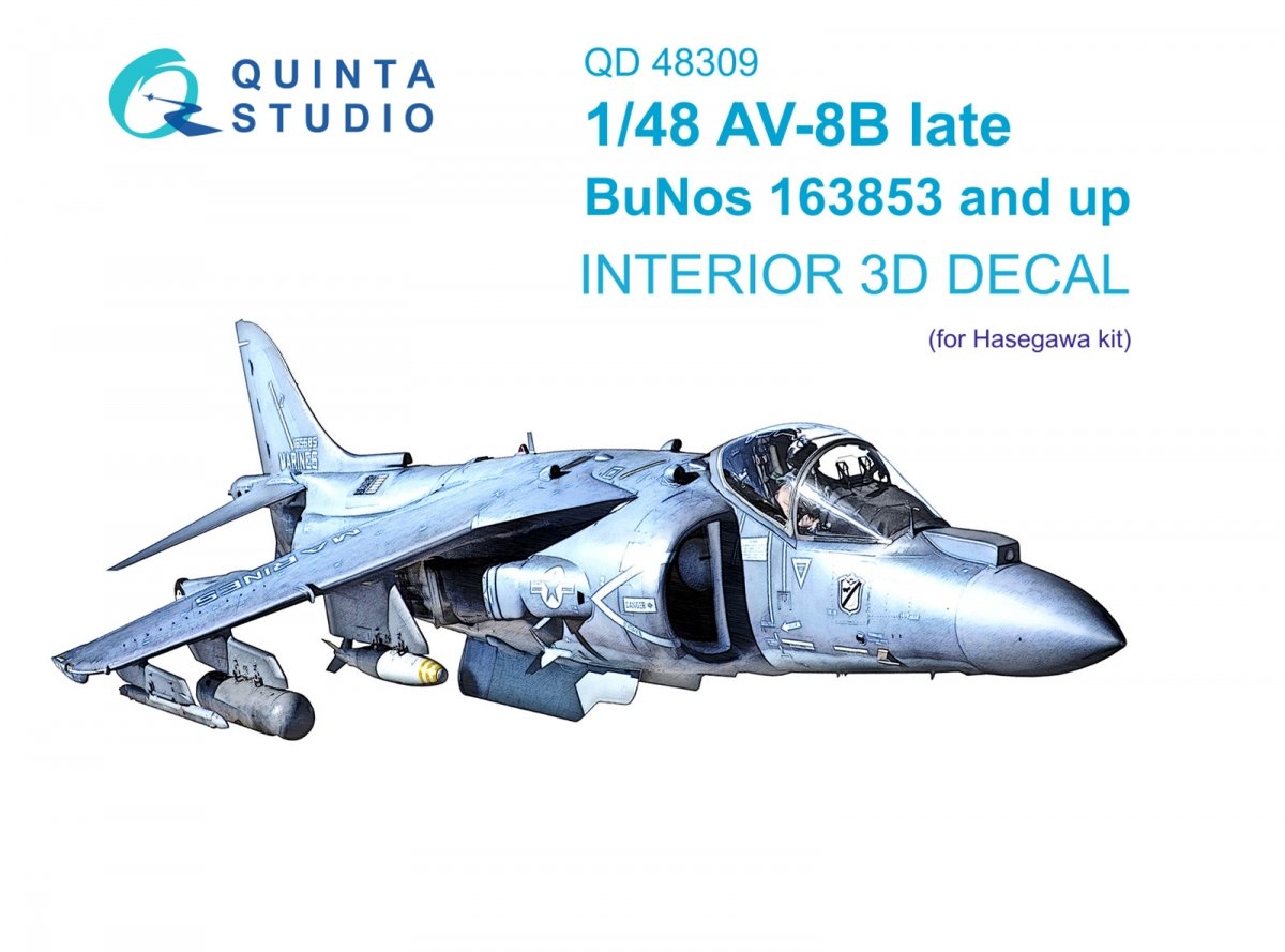 Quinta Studio QD48309 AV-8B Late 3D-Printed &amp; colored Interior on decal paper (Hasegawa) 1/48