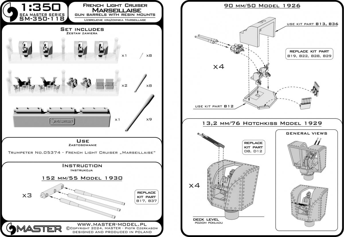 Master SM-350-118 Armement du croiseur léger français Marseillaise - Canons de 152 mm (9 pièces), 90 mm (8 pièces), 13,2 mm (8 pièces) avec supports en résine (pour modèle Trumpeter) 1/350 – Bild 20
