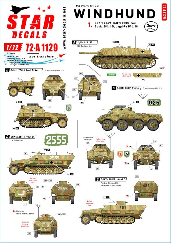 Star Decals 72-A1129 Windhund n° 1. 116. Pz Division Windhund 1/72