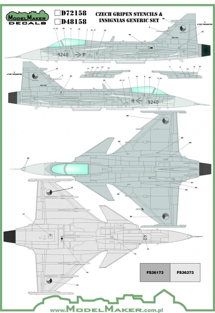 Décalcomanies ModelMaker D48158 Gripen tchèque, pochoirs et insignes génériques, échelle 1/48
