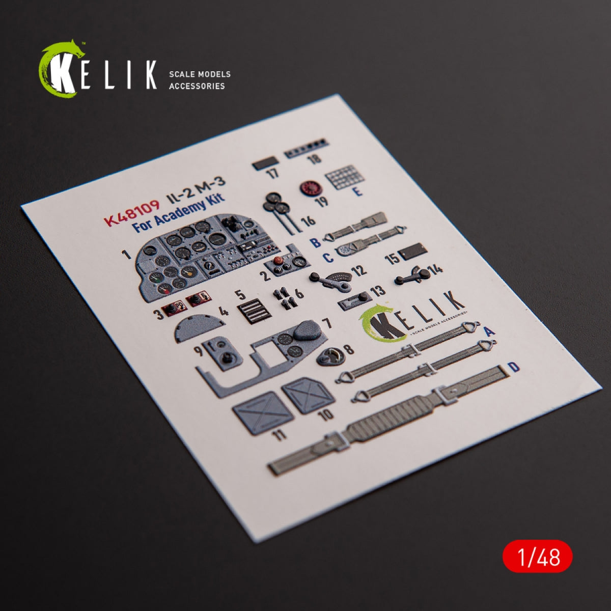 KELIK K48109 IL-2M3 - Décalcomanies 3D intérieures pour maquette Academy/Accurate Miniatures au 1/48