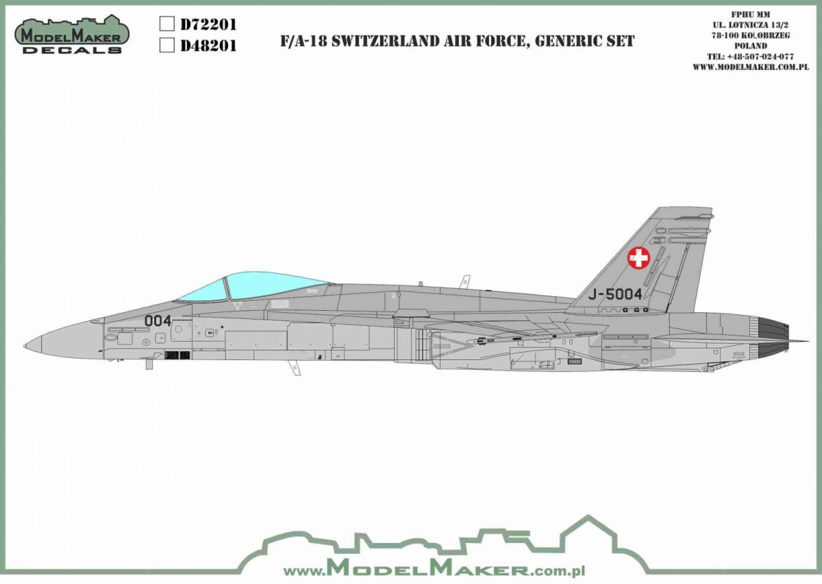 Décalcomanies ModelMaker D48201 F/A-18C/D Force aérienne suisse, jeu générique 1/48