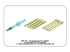 Ensemble d&amp;#39;armement Aber A48118 pour le chasseur américain Lookheed P-38 F/G Lightning : 1 canon de 20 mm et 4 canons de 12,7 mm, échelle 1/48 – imagen 2