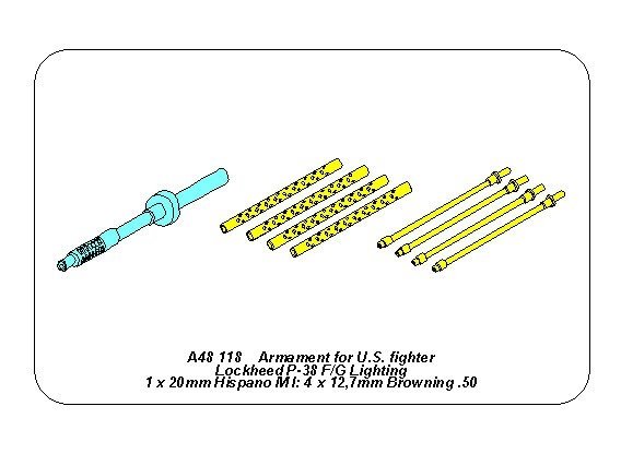 Ensemble d&amp;#39;armement Aber A48118 pour le chasseur américain Lookheed P-38 F/G Lightning : 1 canon de 20 mm et 4 canons de 12,7 mm, échelle 1/48 – imagen 2