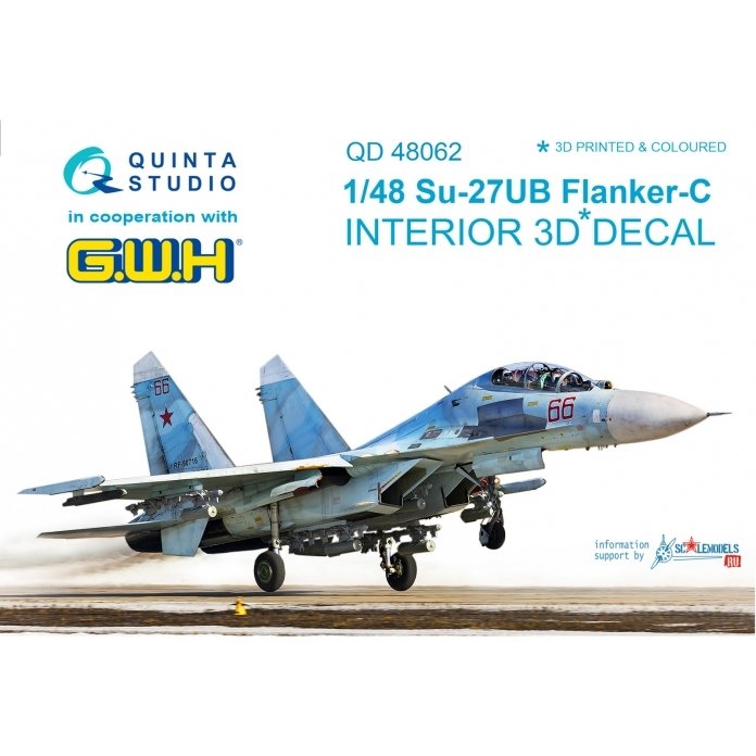 Intérieur imprimé en 3D et coloré sur papier décalcomanie Quinta Studio QD48062 Su-27UB (pour kit GWH) 1/48