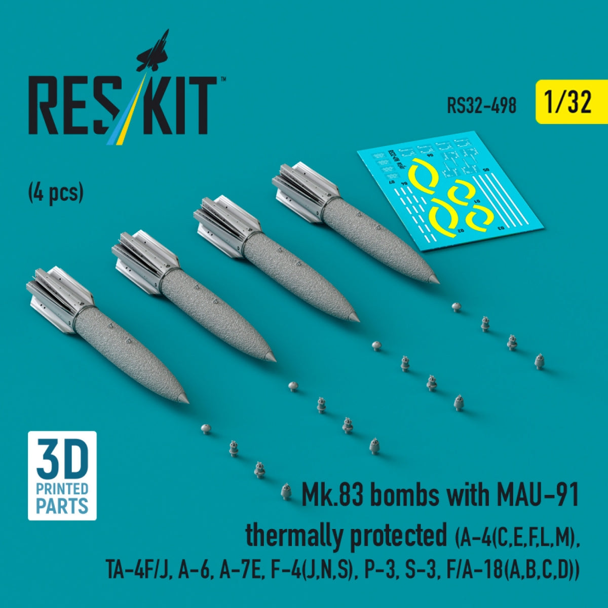 RESKIT RS32-0498 Bombes Mk.83 avec MAU-91 à protection thermique (4 pièces) (impression 3D) 1/32
