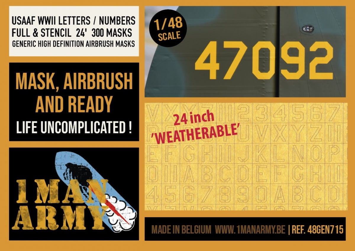 1 Man Army 48GEN715 USAAF WWII Letters / Numbers Full & Stencil 24" (300 pcs) 1/48