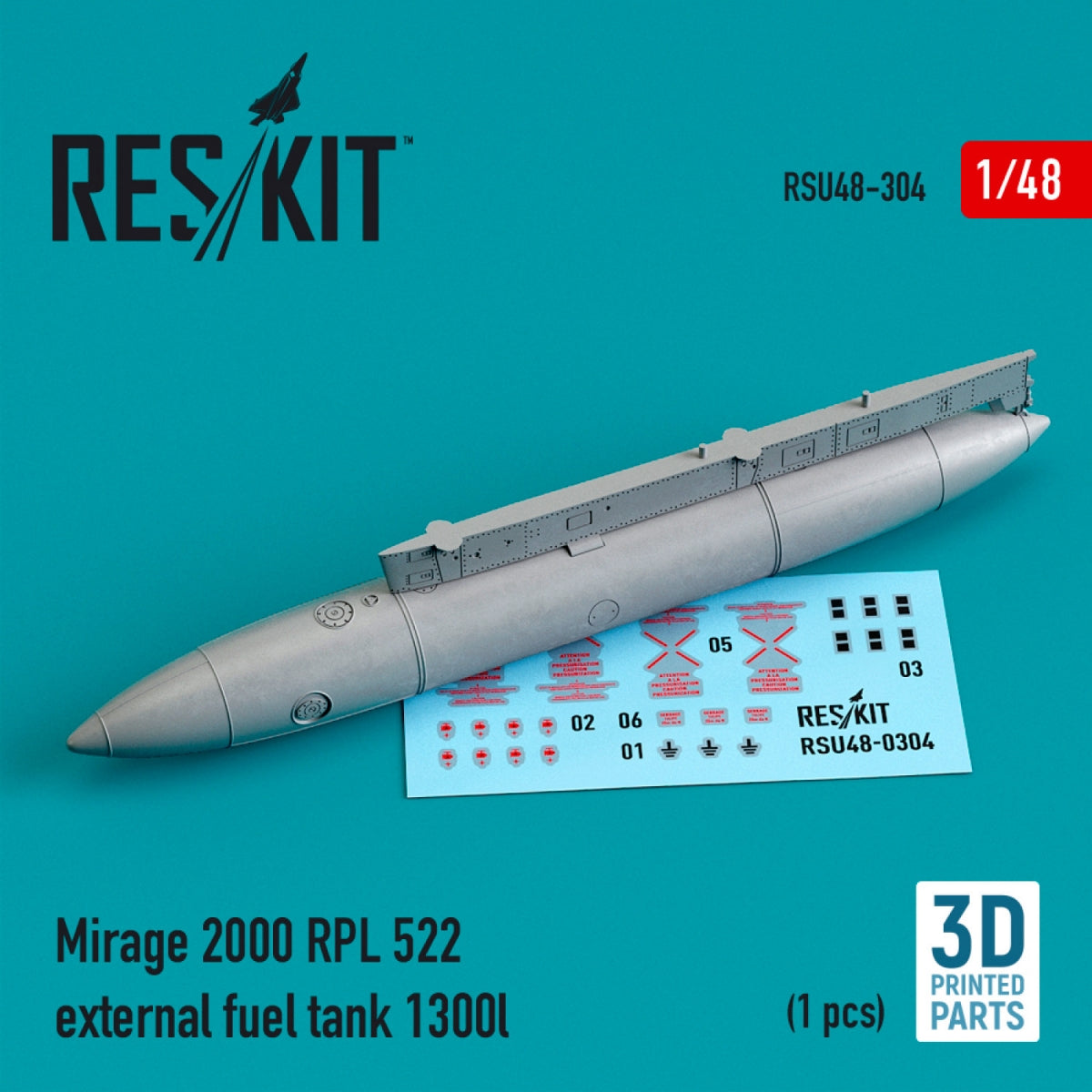 RESKIT RSU48-0304 MIRAGE 2000 RPL 522 RÉSERVOIR DE CARBURANT EXTERNE 1300 L (IMPRIMÉ EN 3D) 1/48