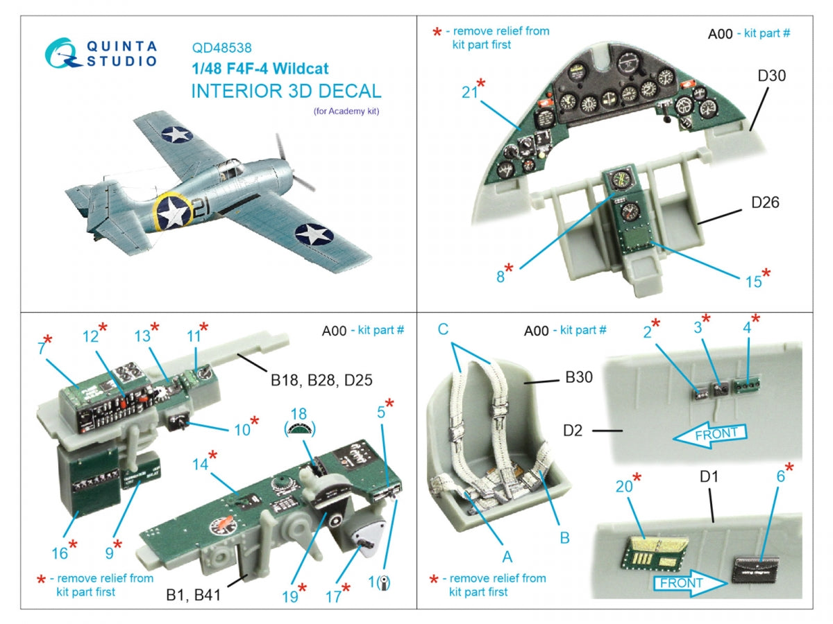 Quinta Studio QD48538 F4F-4 Wildcat 3D-Printed &amp;amp; colored Interior on decal paper (Academy) 1/48 – image 2