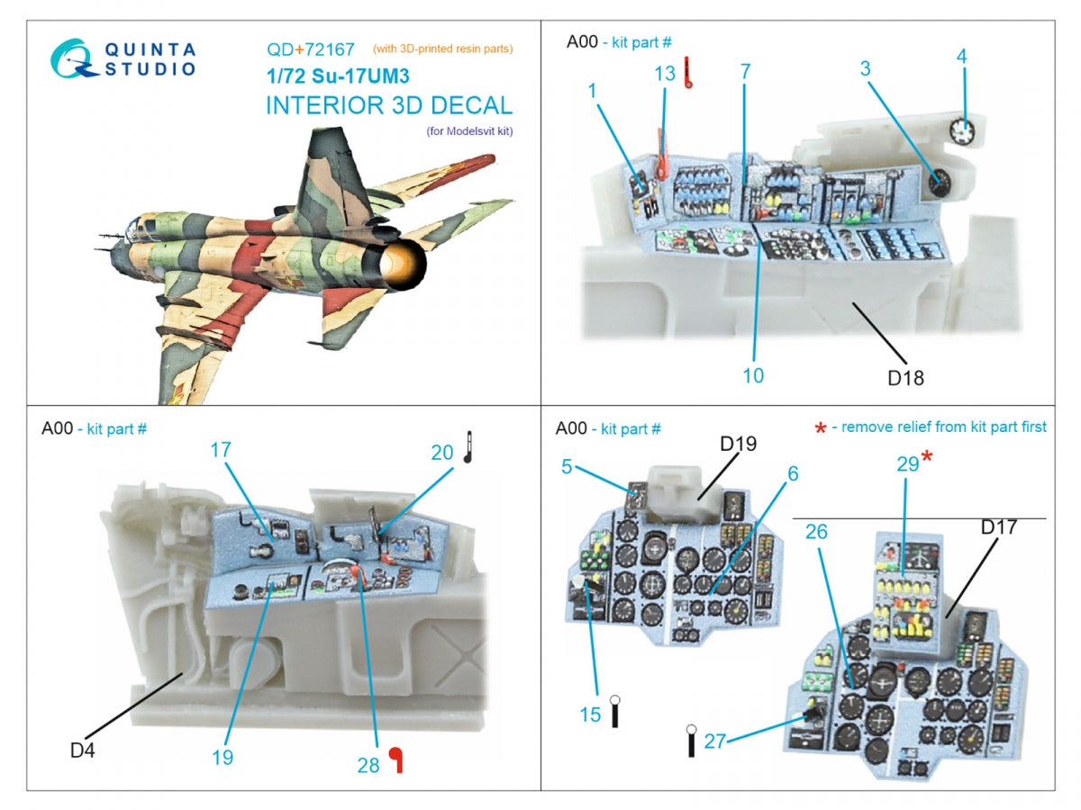 Intérieur imprimé en 3D et coloré sur papier décalcomanie (Modelsvit) pour le Su-17UM3 de Quinta Studio QD+72167 (avec pièce en résine imprimée en 3D) à l&amp;#39;échelle 1/72 – image 2