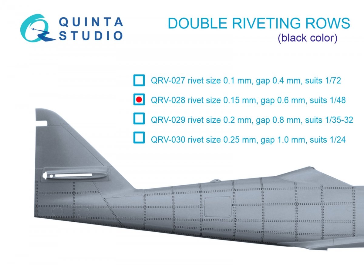 Rangées de rivets doubles Quinta Studio QRV-028 (taille des rivets : 0,15 mm, écartement : 0,6 mm, convient à l’échelle 1/48), couleur noire, longueur totale : 6,2 m / 20 pi