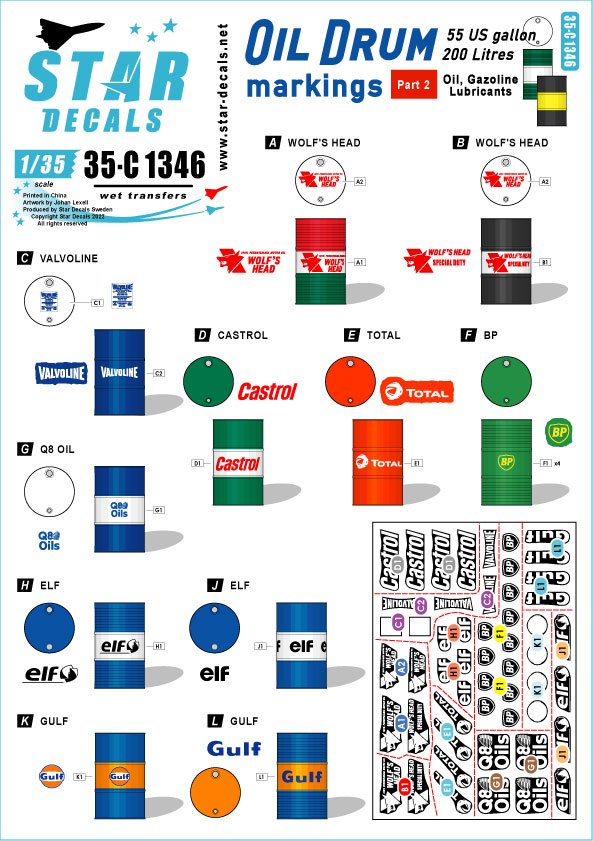 Star Decals 35-C1346 Marquages ​​pour fûts d'huile 2,55 gallons US / 200 litres. Huile, essence et lubrifiants 1/35