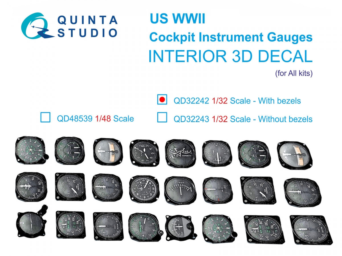 Quinta Studio QD32242 US WWII Cockpit instrument gauges with bezels 3D-Printed &amp;amp; coloured Interior on decal paper (All Kits) 1/32