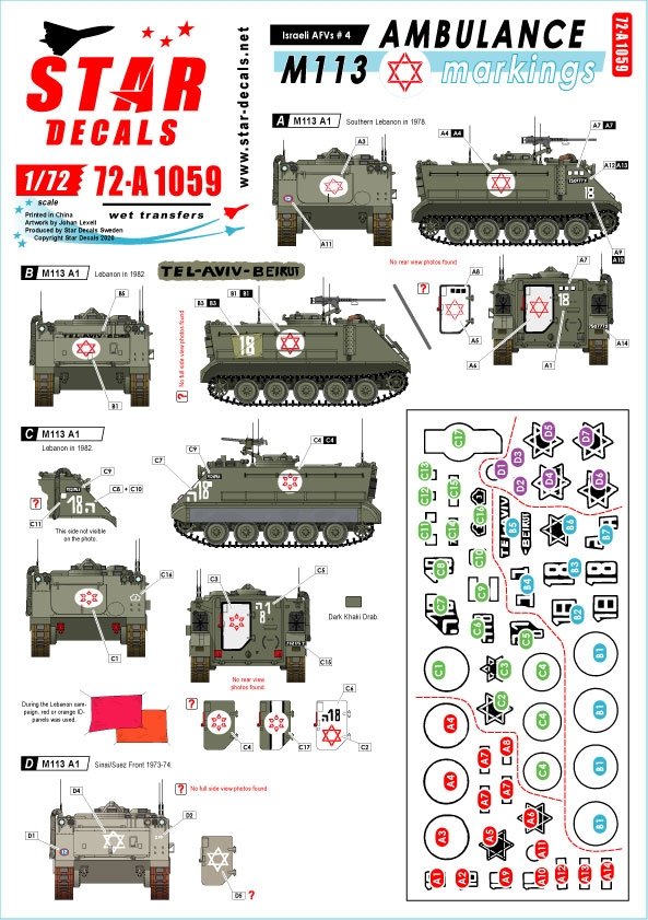 Star Decals 72-A1059 Marquages ​​pour véhicules blindés israéliens n° 4, ambulance M113, échelle 1/72