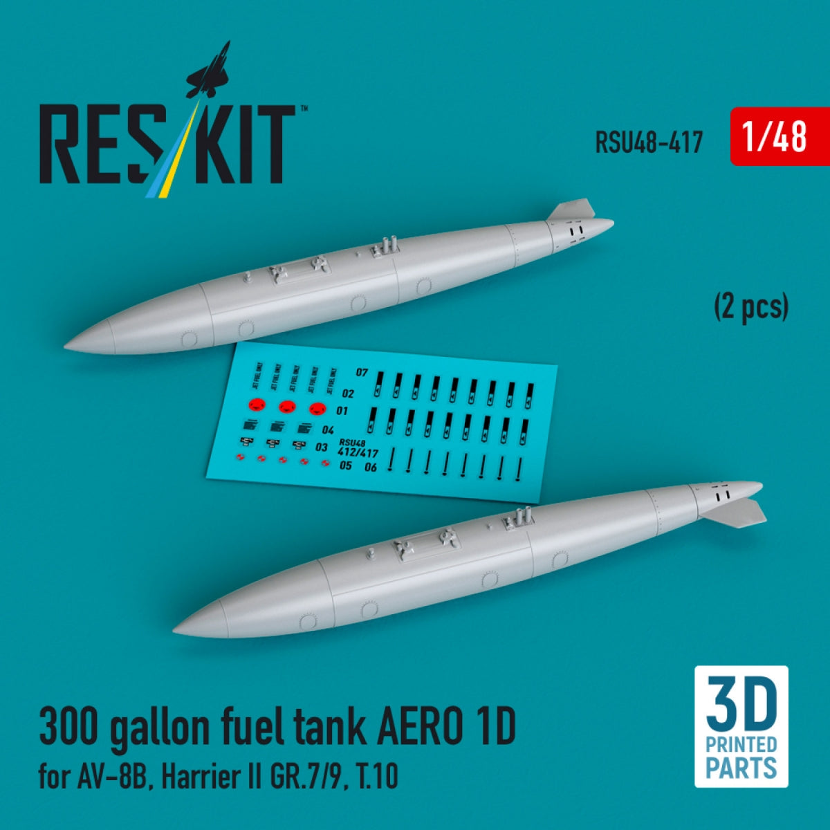 Réservoir de carburant RESKIT RSU48-0417 de 300 gallons AERO 1D pour AV-8B, Harrier II GR.7/9, T.10 (2 pièces) (Impression 3D) 1/48