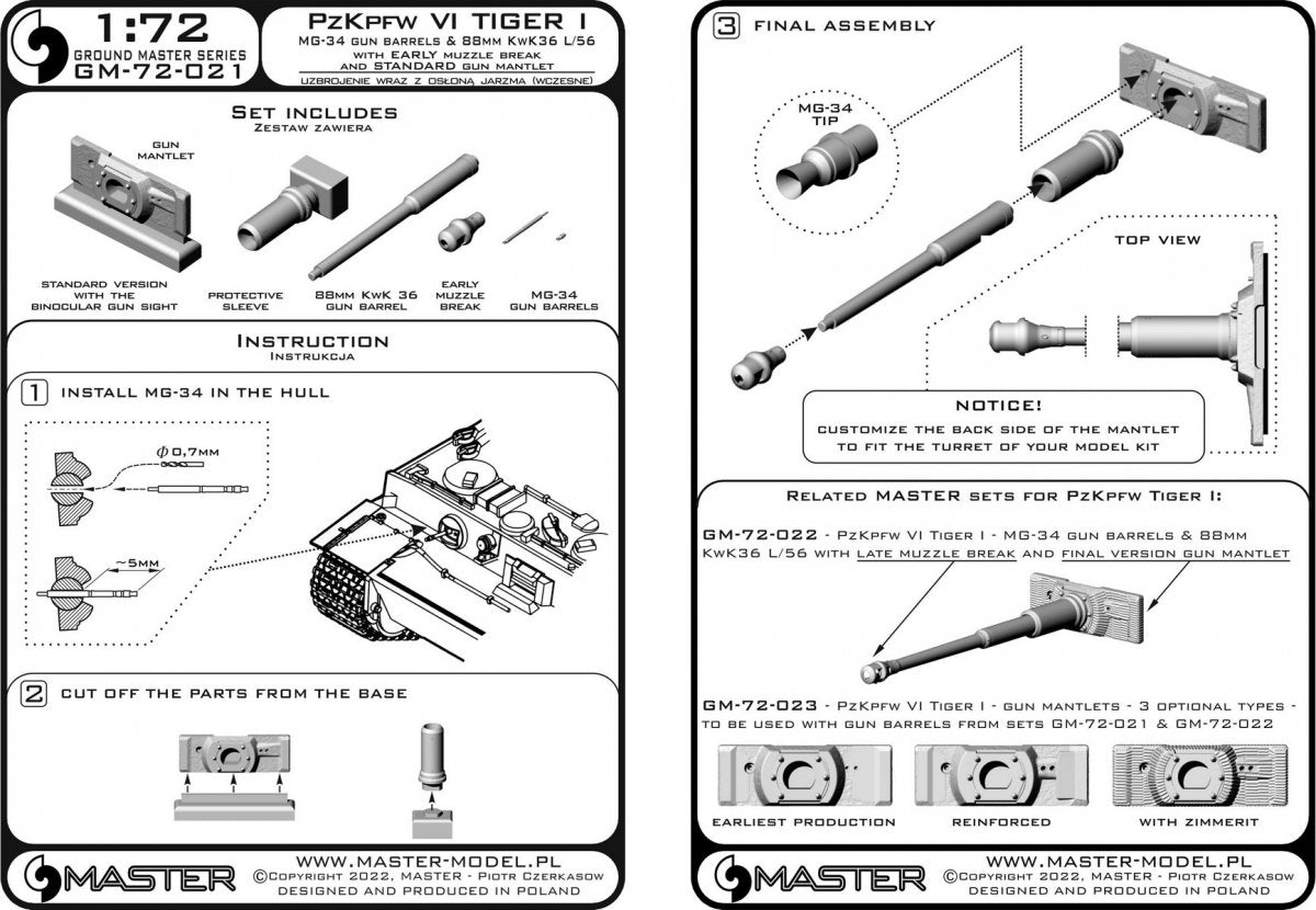 Master GM-72-021 PzKpfw VI Tiger I - MG-34 gun barrels &amp;amp; 88mm KwK36 L/56 with early muzzle break and standard gun mantlet 1/72 – zdjęcie 15