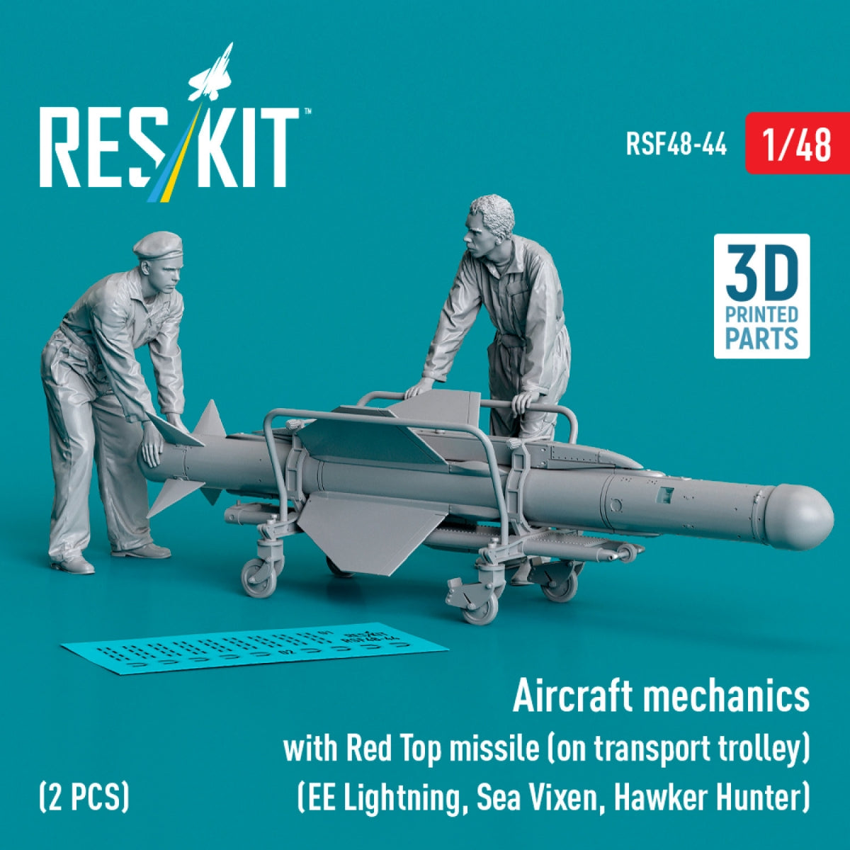 RESKIT RSF48-0044 Aircraft mechanics with Red Top missile (on transport trolley) (EE Lightning, Sea Vixen, Hawker Hunter) (2 pcs) (3D Printed) 1/48