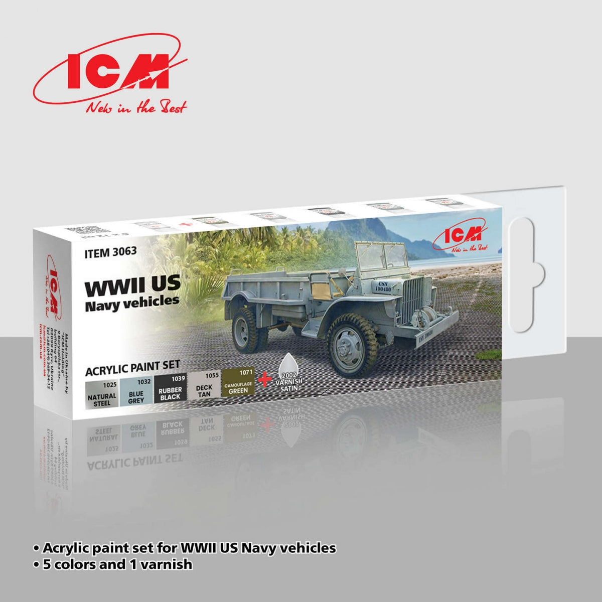 Kit de peinture acrylique ICM 3063 pour véhicules de l'US Navy de la Seconde Guerre mondiale, 12 ml x 6