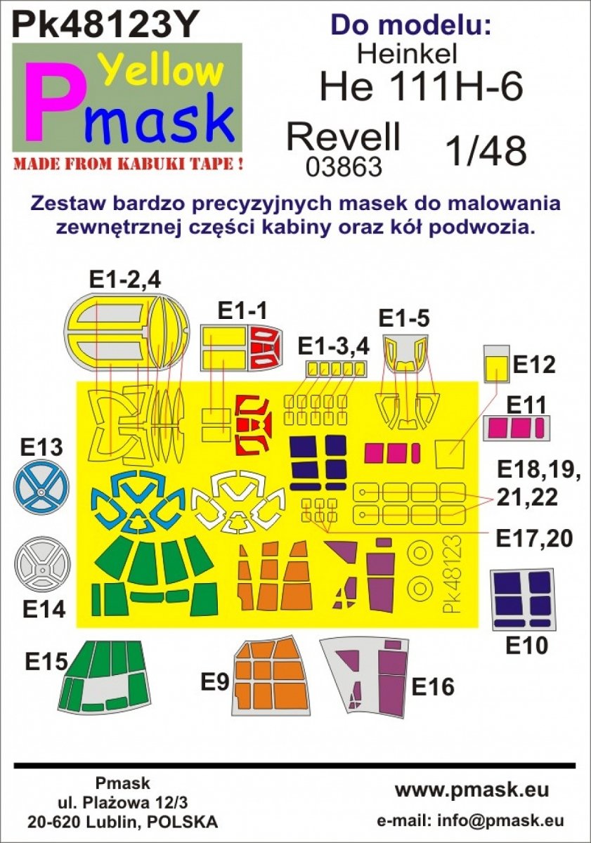 P-Mask PK48123Y He 111H-6 (Revell 03863) Yellow Kabuki Cloth Masks 1/48