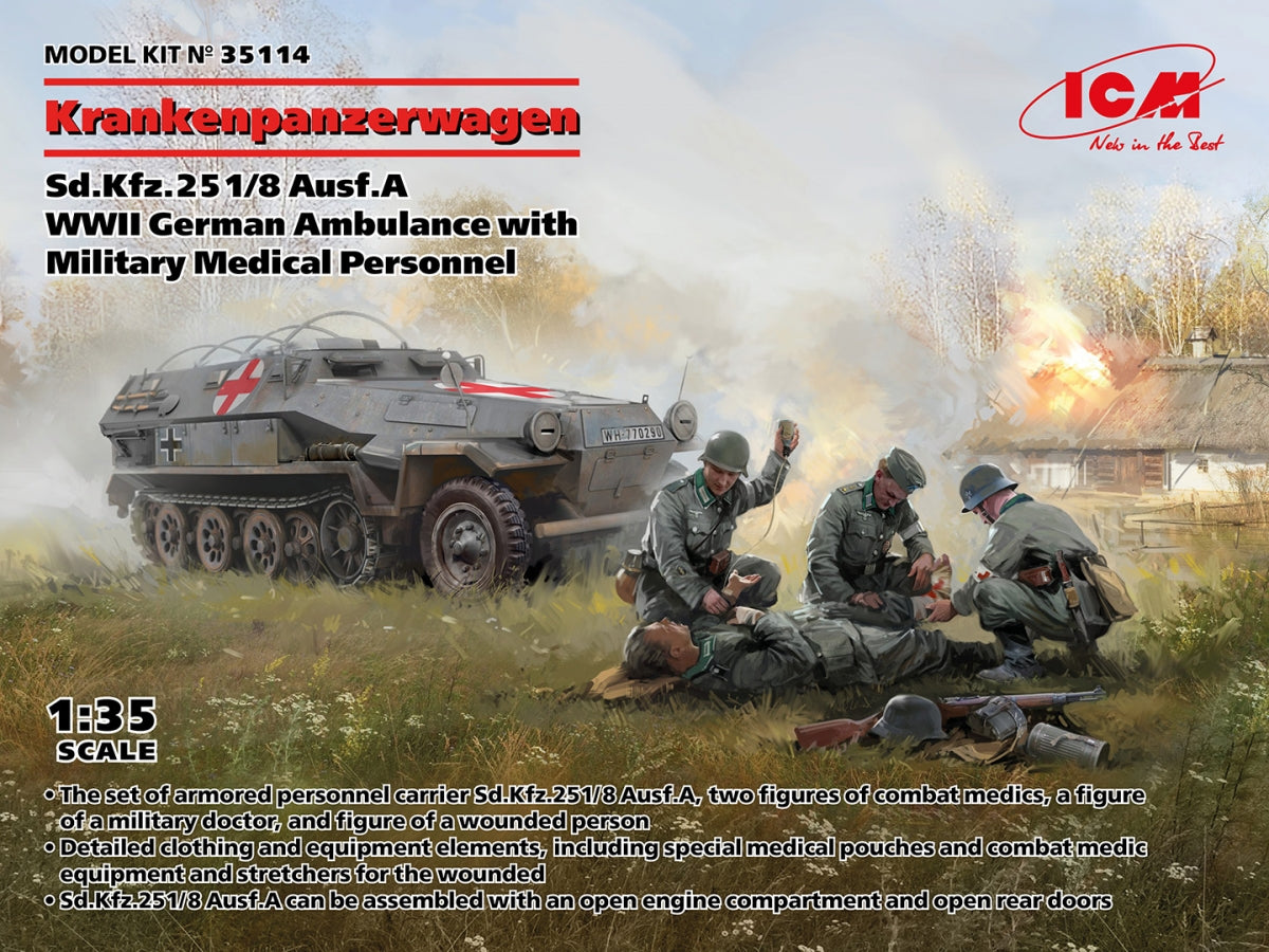 ICM 35114 Krankenpanzerwagen Sd.Kfz.251/8 Ausf.A Ambulance allemande de la Seconde Guerre mondiale avec personnel médical militaire 1/35