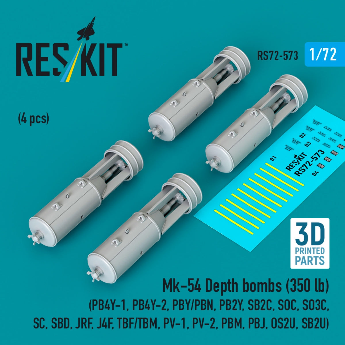 RESKIT RS72-0573 Mk-54 Depth bombs (350 lb) (4 pcs) (PB4Y-1, PB4Y-2, PBY/PBN, PB2Y, SB2C, SOC, SO3C, SC, SBD, JRF, J4F, TBF/TBM, PV-1, PV-2, PBM, PBJ, OS2U, SB2U) (3D Printed) 1/72