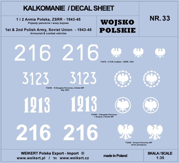 Décalcomanies Weikert DEC233 1re et 2e armées polonaises, URSS 1943-45 - Véhicules blindés, véhicules de combat - vol.2 1/35