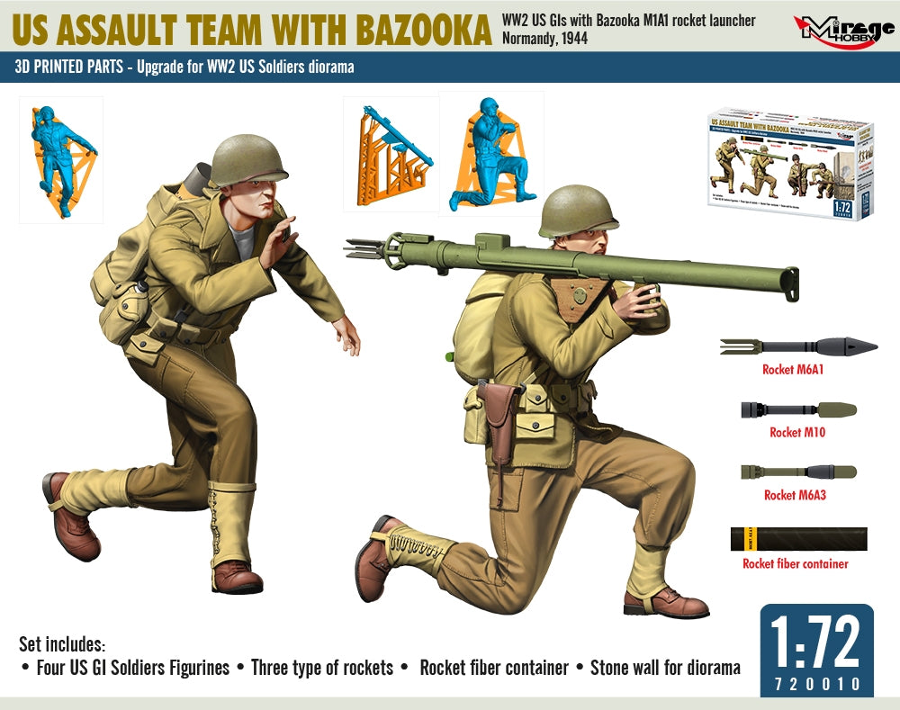 Mirage Hobby 720010 ÉQUIPE D&amp;#39;ASSAUT AMÉRICAINE AVEC BAZOOKA, GI américains de la Seconde Guerre mondiale avec lance-roquettes M1A1, Normandie, 1944, échelle 1/72 – immagine 3