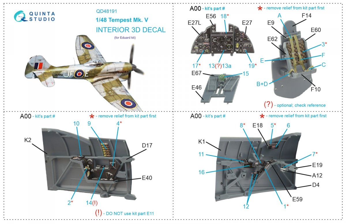 Intérieur imprimé en 3D et coloré sur papier décalcomanie Quinta Studio QD48191 Tempest Mk.V (Eduard) 1/48  – immagine 12