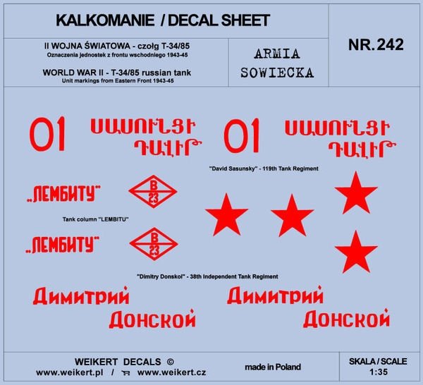 Weikert Decal DEC242 Armée Soviétique - TANK T-34/85 - Front de l'Est 1943-45 - vol.1 1/35