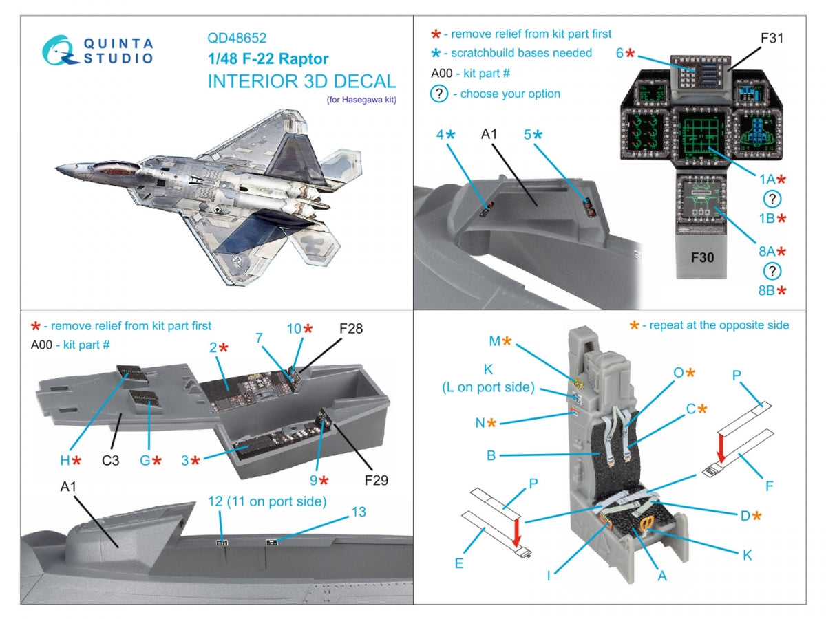 Quinta Studio QD48652 F-22 Raptor 3D-Printed &amp; coloured Interior on decal paper (Hasegawa) 1/48
