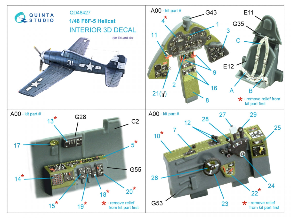 Intérieur coloré imprimé en 3D sur papier décalcomanie Quinta Studio QD48427 F6F-5 Hellcat (Eduard) 1/48 – immagine 5