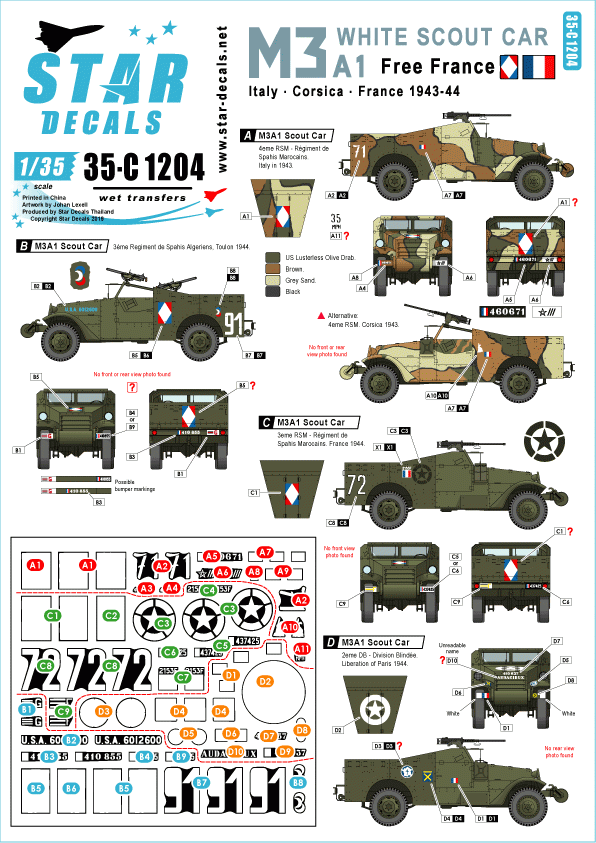 Star Decals 35-C1204 Voiture de reconnaissance française M3A1 blanche 1/35
