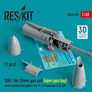 RESKIT RS48-0470 Nacelle de canon SUU-16A de 20 mm (baie ouverte) avec pylône central pour F-4 Phantom II (C,D) (1 pièce) (Impression 3D) 1/48