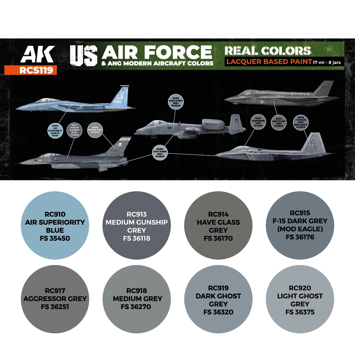 AK Interactive RCS119 Couleurs modernes des avions de l&amp;#39;US Air Force et de l&amp;#39;ANG 8x17ml – image 2