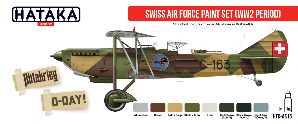 Coffret de peinture Hataka HTK-AS15 pour l'armée de l'air suisse (période de la Seconde Guerre mondiale) (8 x 17 ml)