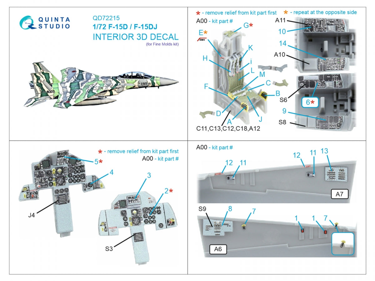 Intérieur imprimé en 3D et coloré sur papier décalcomanie pour F-15D/F-15DJ Eagle (Fine Molds) de Quinta Studio QD72215, échelle 1/72 – image 12