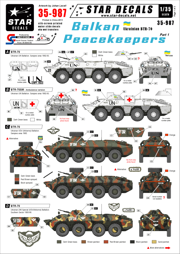 Star Decals 35-987 Casques bleus des Balkans n° 1 BTR-70 ukrainien 1/35