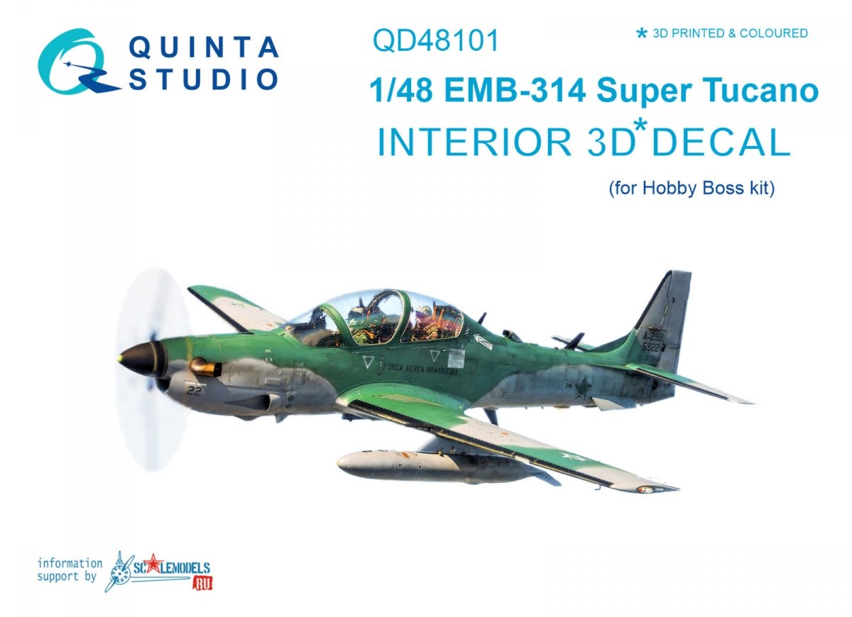 Intérieur imprimé en 3D et coloré sur papier décalcomanie Quinta Studio QD48101 EMB-314 Super Tucano (pour kit HobbyBoss) 1/48