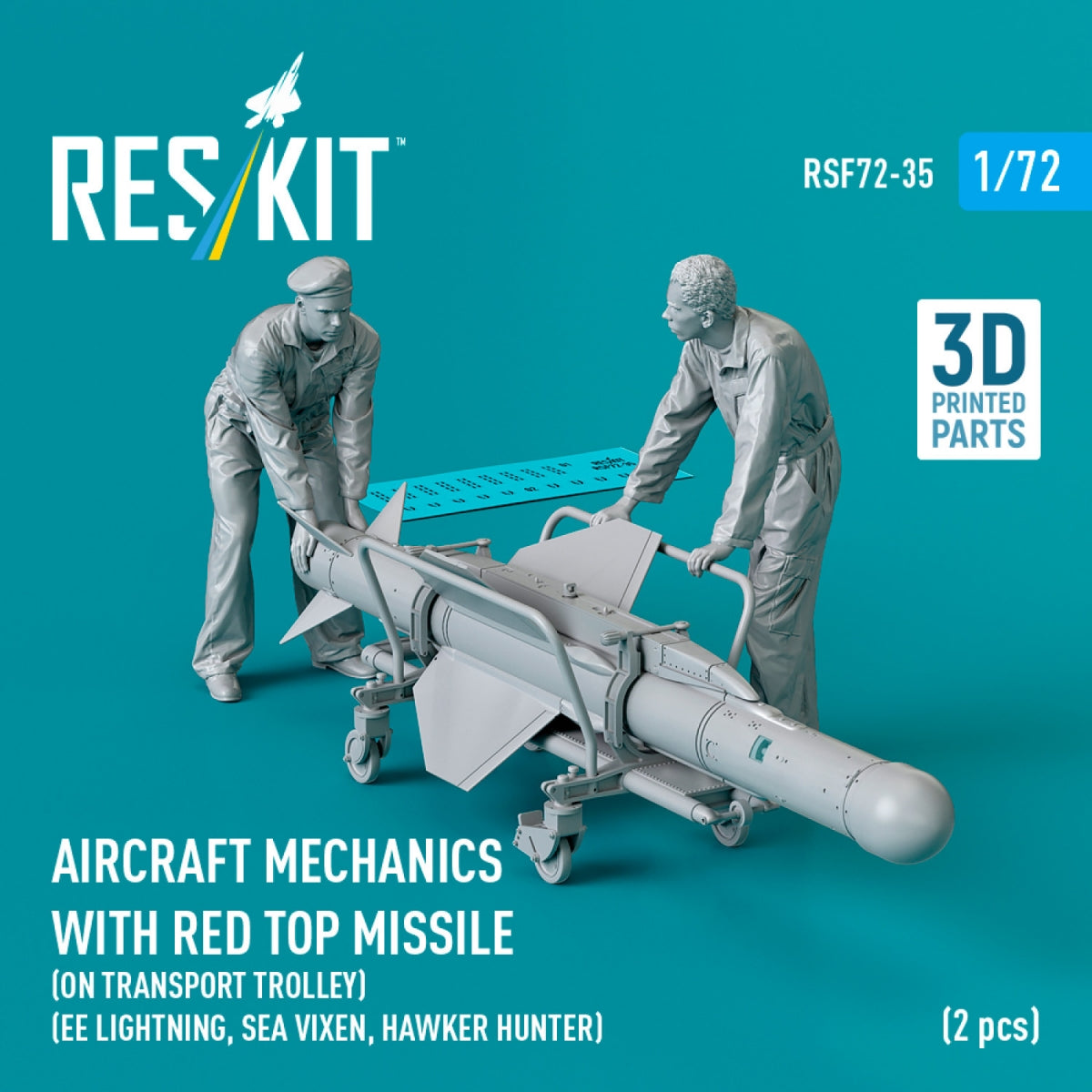 RESKIT RSF72-0035 Aircraft mechanics with Red Top missile (on transport trolley) (EE Lightning, Sea Vixen, Hawker Hunter) (2 pcs) (3D Printed) 1/72