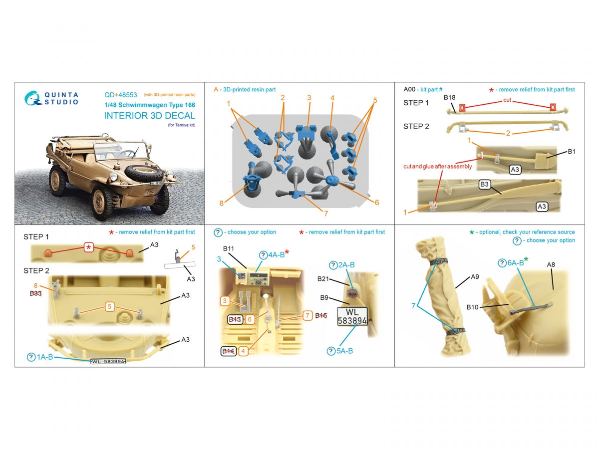 Quinta Studio QD+48553 Schwimmwagen type 166 Intérieur imprimé en 3D et coloré sur papier décalcomanie (Tamiya) (avec pièces en résine imprimées en 3D) 1/48  – imagen 13