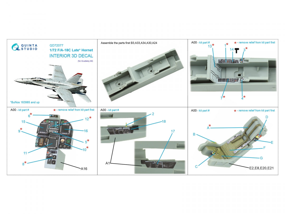 Intérieur imprimé en 3D et coloré sur papier décalcomanie Quinta Studio QD72077 F/A-18C (version tardive) (Academy) à l&amp;#39;échelle 1/72  – image 13