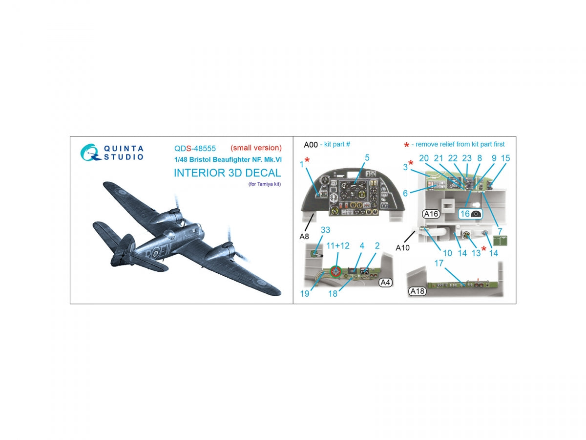 Intérieur imprimé en 3D et coloré sur papier décalcomanie Quinta Studio QDS-48555 Bristol Beaufighter NF.Mk.VI (Tamiya, petite version) 1/48 – imagen 2