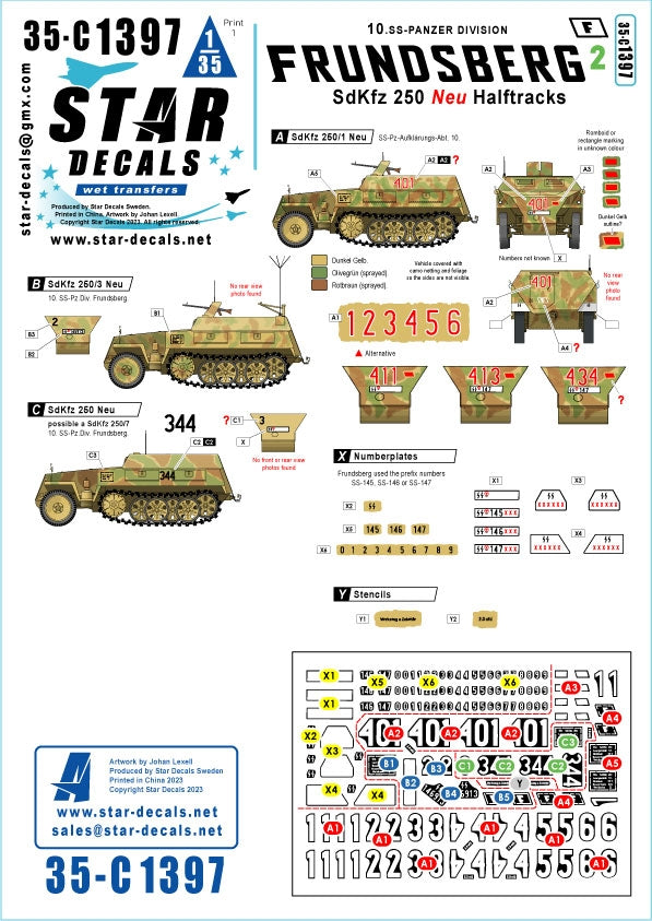 Star Decals 35-C1397 Frundsberg 2. 10. SS-Panzer Division. Versions SdKfz 250 NEU. SdKfz 250/1, SdKfz 250/3, SdKfz 250/7 1/35 