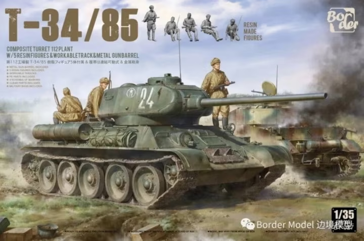 Maquette Border BT-027 T-34/85, tourelle composite, 112 pièces avec 5 figurines en résine, canon en métal, chenilles fonctionnelles, échelle 1/35