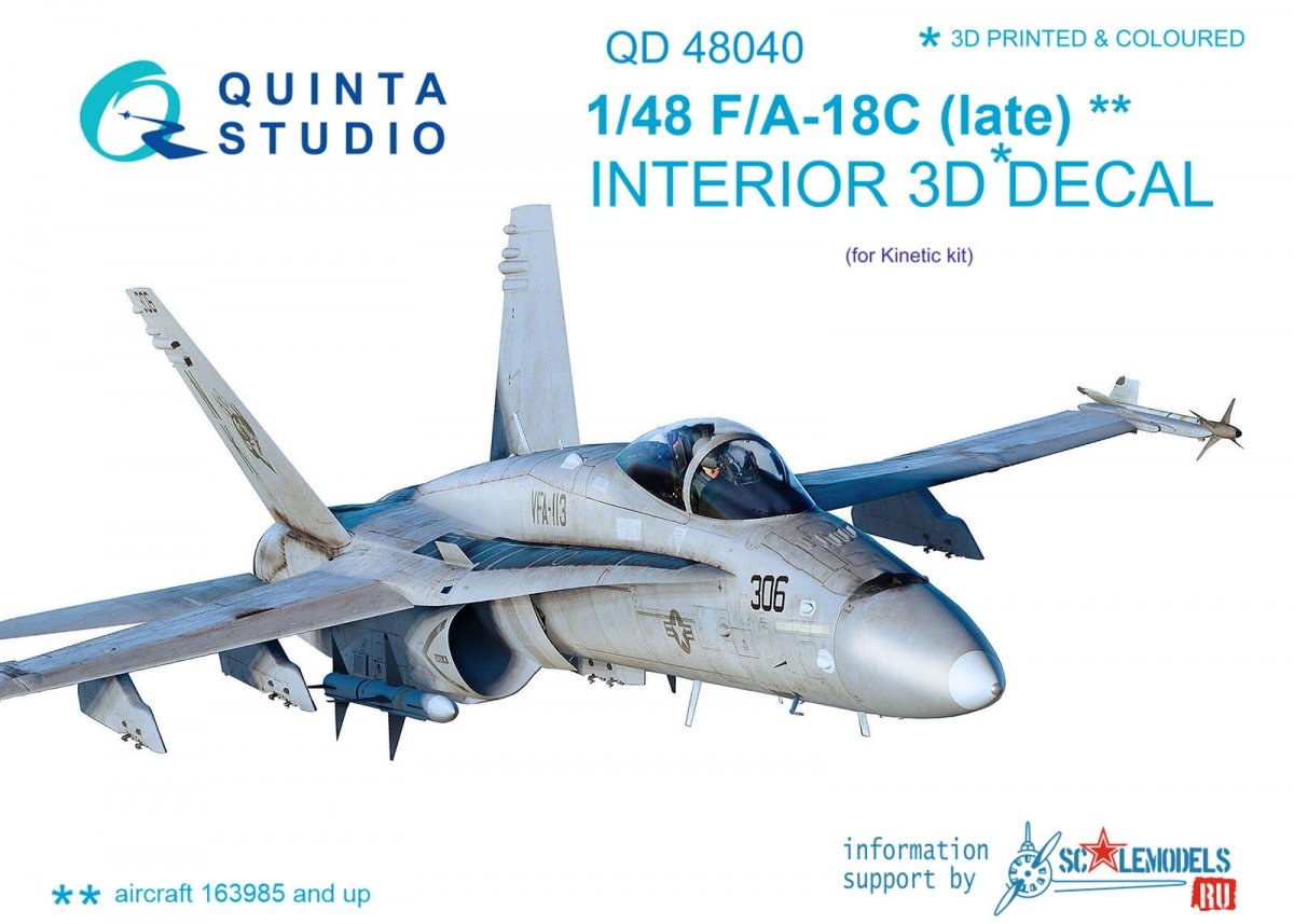 Intérieur imprimé en 3D et coloré sur papier décalcomanie (pour Kinetic) Quinta Studio QD48040 F/A-18C (version tardive) à l&amp;#39;échelle 1/48