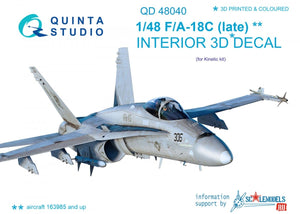 Intérieur imprimé en 3D et coloré sur papier décalcomanie (pour Kinetic) Quinta Studio QD48040 F/A-18C (version tardive) à l&amp;#39;échelle 1/48