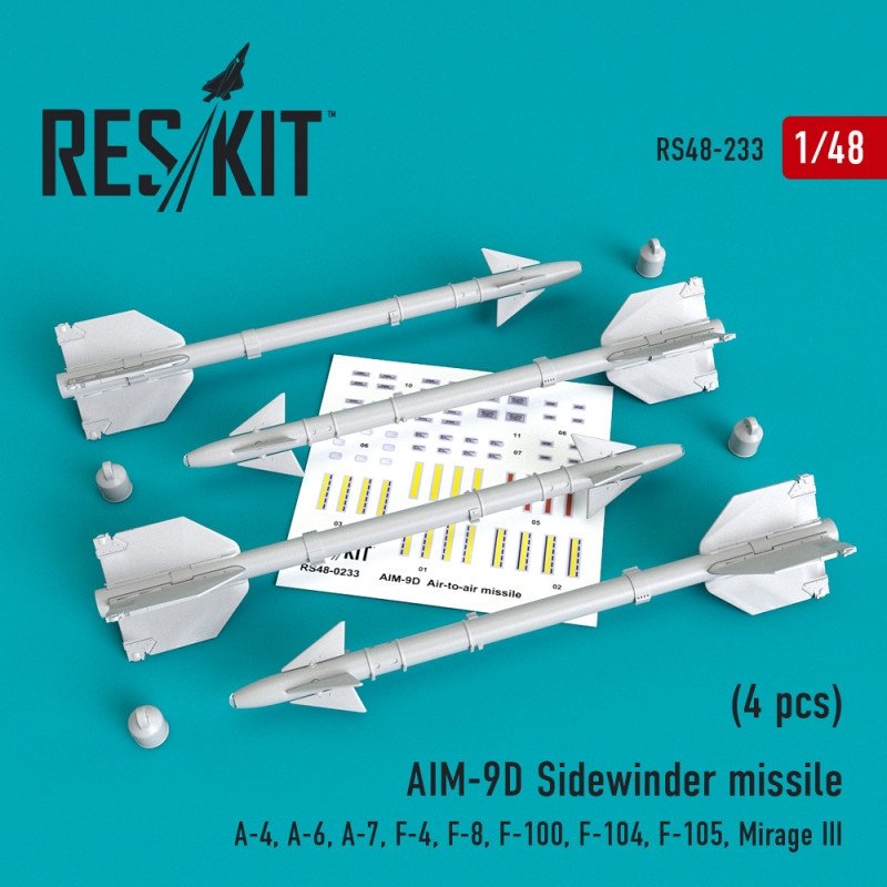 RESKIT RS48-0233 Missile AIM-9D Sidewinder (4 pièces) 1/48